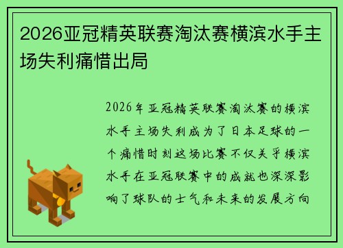 2026亚冠精英联赛淘汰赛横滨水手主场失利痛惜出局 2026亚冠精英联赛淘汰赛横滨水手主场失利痛惜出局